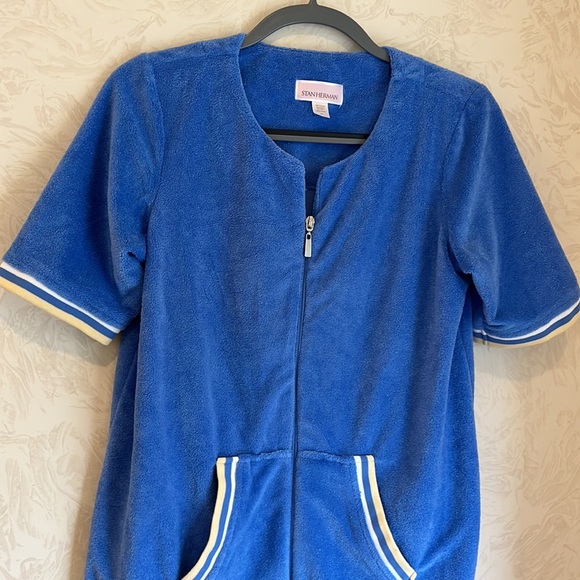 Stan Herman Blue Soft Microfiber Zippered Short Sleeve Lounge Robe Size Petite S - Picture 2 of 7